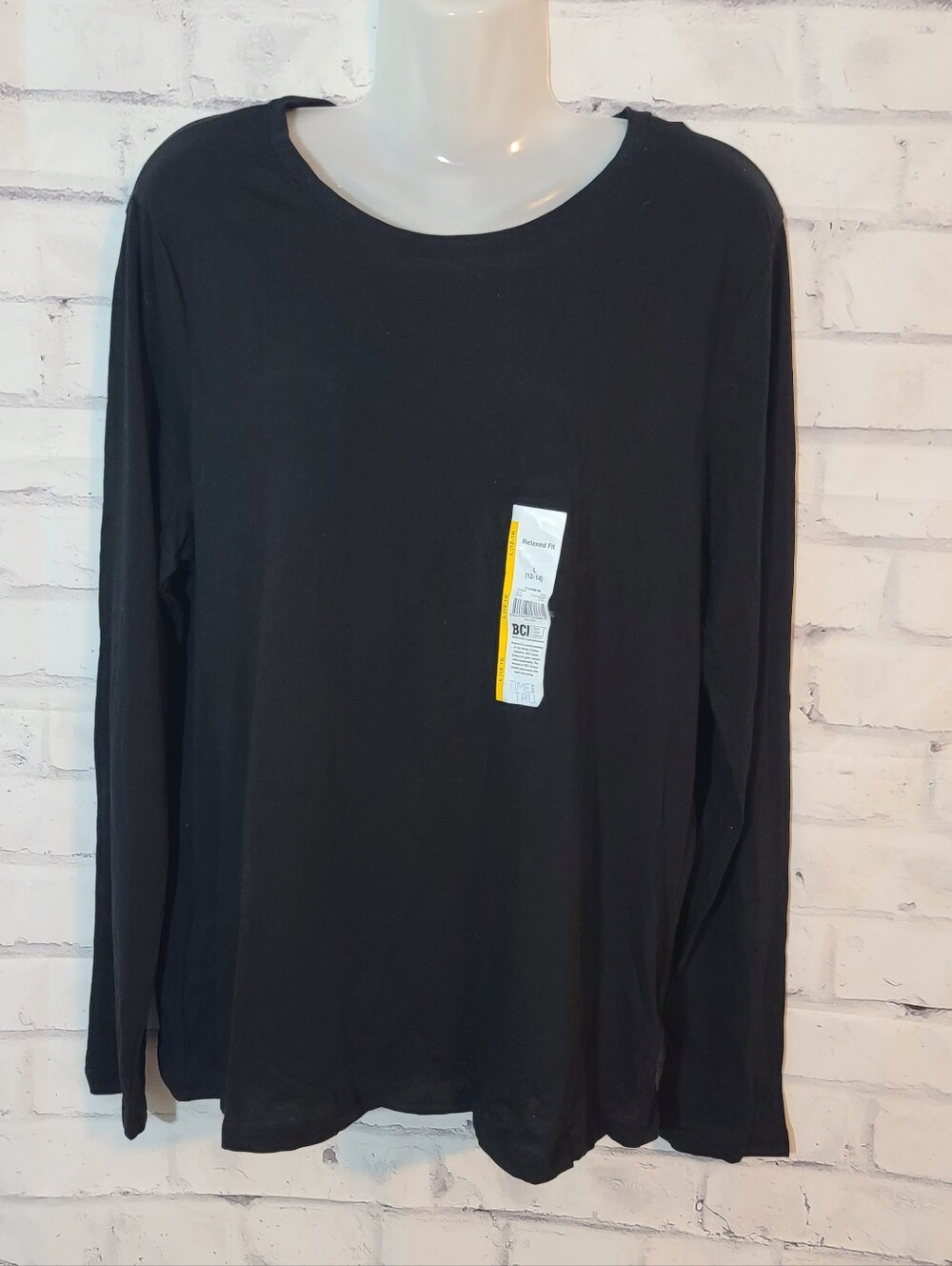 New Time and Tru Black Knit Cotton Round Neck Relaxed Fit Long Sleeve Tee L